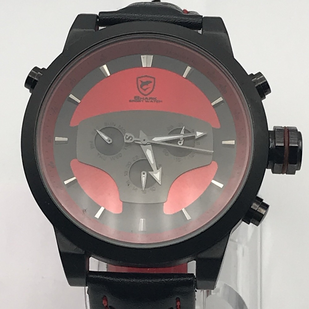 Shark Dual Time Zone Analog Date Day Men's Red/Black. RS016L Military Watch